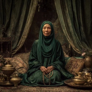 A gentle-looking elderly Muslim woman wearing a dark green thobe...