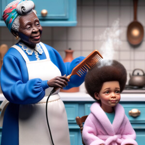 Create a realistic 3-D image of an african-American grandmother wearing a blue house dress and a white apron . She is in the kitchen with her african-American granddaughter. Her granddaughter is wearing a pink bath robe. The grandmother has a hot comb in her hand and she is straightening her granddaughters hair. One side of her granddaughters hair is in  a Afro the other straight 
There is smoke coming from the hot comb
The granddaughter is making a face as if to say grandma that hurt