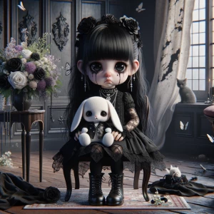 Create an image of a very sad little gothic girl doll, featuring...