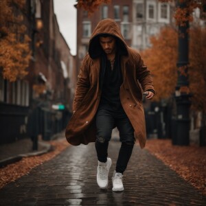 6'2" 330 lb man walking on a cobblestone path in an autumn setti...