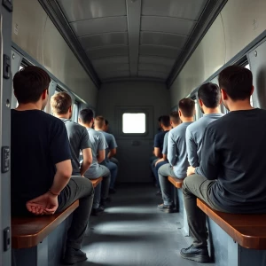 Interior side view of a prisoner transport van showing young Cau...