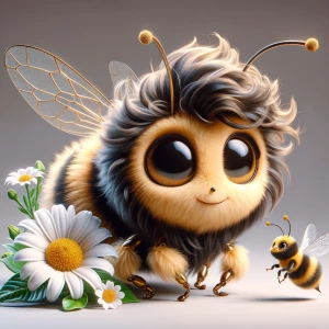 Create a beautiful, cute, fuzzy bee, with fuzzy black, dark gold...