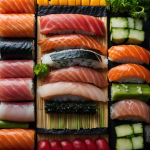 Create an image of a vibrant assortment of sushi featuring a div...