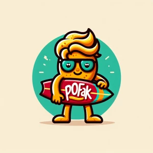 Design a mascot for a chips brand called pofak, need a surfer