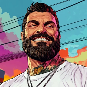 White muscular thin man with beard, big chin, smile and cheekbon...