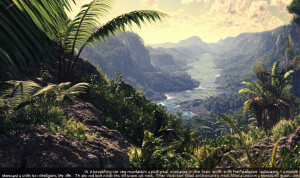 "A breathtaking view from a mountain peak on a planet in the Pal...