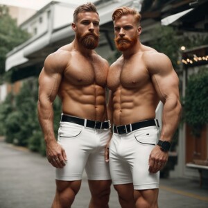 two muscle bodybuilders white men with ginger beards shirtless h...