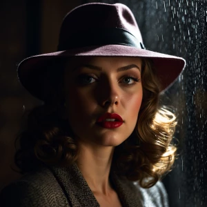 “Ultra-realistic close-up portrait of a mysterious femme fatale...