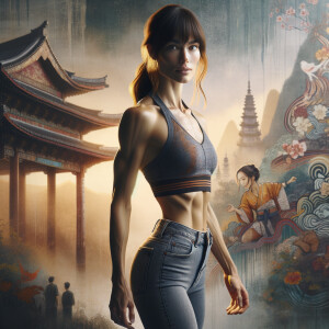 Athletic Thin skinny Attractive, Asian teenage girl, long brown hair and bangs, wearing tight skinny jeans and a halter top paint marks on her clothing, heroic pose Asian graffiti background, backside view