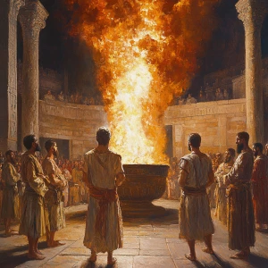 Depict an ancient regal courtyard with a towering, fierce furnace at its center. The furnace engulfs Shadrach, Meshach, and Abednego, who remain unscathed amidst the voracious flames, exuding tranquility. They are dressed in traditional ancient robes, seemingly impervious to the fire's wrath. With them, a fourth figure—an angelic presence—radiates a protective aura, his ethereal form aglow, symbolizing divine shelter.

Surrounding the furnace, astounded guards and nobles observe from afar, their faces etched in shock and wonder. The scene juxtaposes the tumultuous flames with the composed figures within, emphasizing the miracle of their survival and the power of faith and divine guardianship.