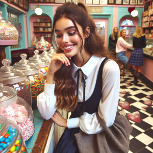 A college girl with long, chestnut hair tied back in a loose pon...