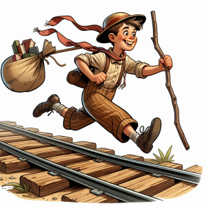 Comical caricature of a young boy running away, stick over his s...