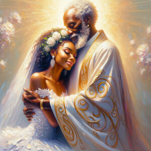 Imagine a hyper-realistic oil painting that captures a tender moment between theAfrican American bride and her God. The setting is intimate and filled with soft, warm lighting that enhances the emotional depth of the scene. The bride, in herexquisite wedding gown, shares a heartfelt embrace with her african-American Lord Jesus , who is dressedin an elegant outfit that complements the wedding's color scheme. Their expressions are full of love, pride, and joy, reflecting the special bond between them. Theattention to detail is paramount, from the intricate designs of their dresses to the subtle emotions conveyed in their facial expressions. The background is a blur ofgentle pastel hues, ensuring that the focus remains on this touching moment. Thispainting should convey the warmth, love, and depth of the relationship, with the rich textures and vibrant strokes characteristic of oil paintings, capturing the essence of this significant pre-wedding moment.