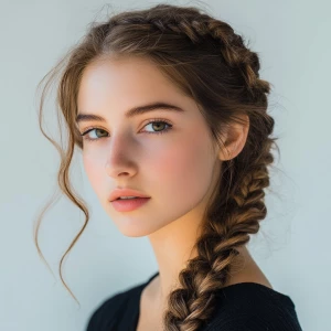 a woman, look to the camera, close up photo, Fishtail braid hair...