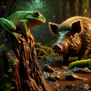 A frog sat on a log watching a hog, HDR, masterpiece, ultra-det...