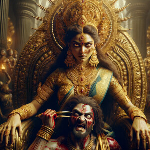 portrait of angry looking goddess durga sitting on a gold crown...