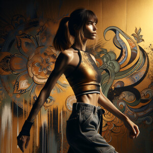 Athletic Thin skinny Attractive, Asian teenage girl, long brown hair and bangs, wearing tight skinny jeans and a halter top paint marks on her clothing, heroic pose Asian graffiti background, side view