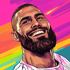 White muscular thin man with beard, big chin, smile and cheekbon...