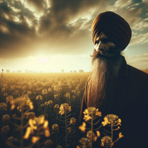 A mysterious sikh turban man standing alone in mustard fields