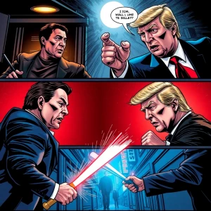 A dramatic comic book-style showdown between Elon Musk and Donal...