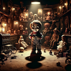 "Imagine a detailed, horror-inspired scene featuring a miniature...