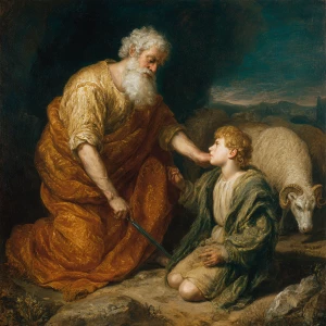 Abraham with a knife raised to a boy with a ram beside him