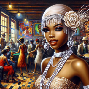 Create an oil painting of an elegant, light-skinned African-Amer...