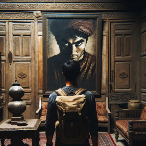A man with a backpack stands in an old gloomy room in which a cr...