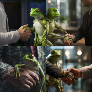 humanoid frog shakes hands with a man, realistic photo, 4k