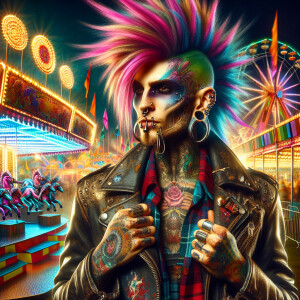 Create an image of a rebellious carnival performer who embodies...