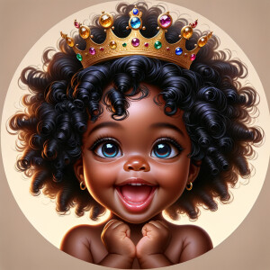 "Create a digital portrait of an adorable african-American baby girl with a joyful expression. She is wearing a gold crown with colorful jewels. Her big, bright blue eyes are wide with wonder, and her tiny mouth is shaped in a happy grin. Her skin has a warm, honey-brown tone, and she has an abundance of thick curly black hair, The background is soft and neutral to keep the focus on her delightful features. The portrait should be vibrant and heartwarming, celebrating the innocence and charm of childhood."