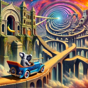 Create a surreal artwork depicting Dumbo the Elephant maneuverin...