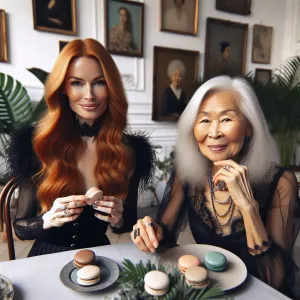 A 45-year-old long ginger-haired woman wearing a chic black ense...