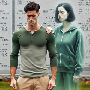 A brother stands at his sisters grave, tears steaming down his f...