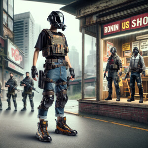 Игрок парень в полный рост один в один из игры PUBG и в костюме...