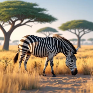 Create an image of a zebra grazing in a sunlit savanna, surround...