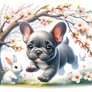 A whimsical, folksy art image of a mischievous little grey french bulldog with very big eyes playing under blossom tree branches, add white Easter rabbit, fantasy art, watercolour