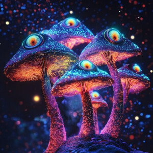 Generate an image featuring a cluster of bioluminescent psychede...