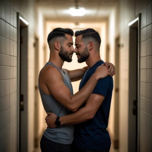 Two men standing in a narrow hallway locked in an intimate embra...