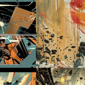 Collage-style comic: 1) robot ninja battling a robot in a splash...
