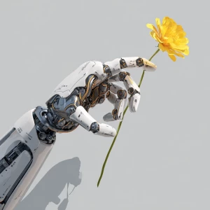 the robot's metal finger touches the yellow petals of the flower...