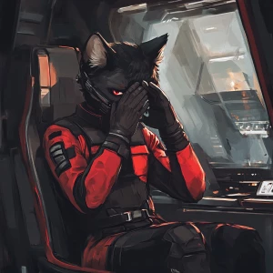 A humanoid cat character, sitting in a relaxed posture with one...