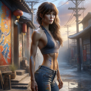 Athletic Thin skinny Attractive, Asian teenage girl, long brown hair and bangs, wearing tight skinny jeans and a halter top paint marks on her clothing, heroic pose Asian graffiti background, backside view