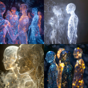 Translucent beings resembling humanoid figures made of light and...