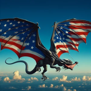 Create an image of a dark-scaled, dragon-like creature with wings—one red, the other blue—sporting a rooster's head, and clutching an American flag in its beak as it soars through the sky.