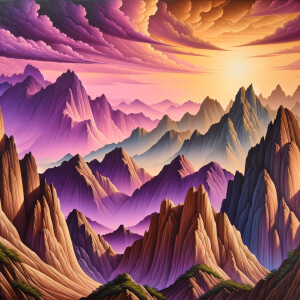"Tranquil mountain realist landscape under a vividly bright sky"