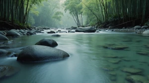 A tranquil Japanese forest river with smooth stones and gentle s...