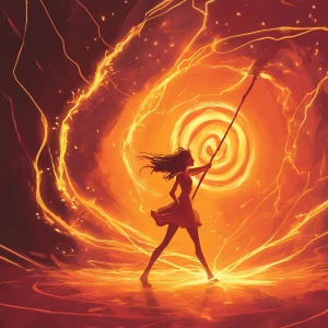 Create a 2D art piece featuring a girl wielding a whip that rese...