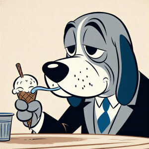 Create a picture of an old, gray Bassett hound dog wearing a sui...
