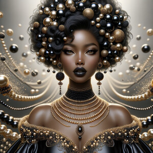 Imagine a digital portrait of a light skinned African-American Latino regal woman named KAREN Her attire and accessories are exclusively adorned with black and gold pearls. They grace her voluminous hair, styled in an elegant updo, where the black pearls form the roots and the gold pearls create the stunning curls. Her ears boast chandelier earrings, with black pearls clustered at the top, transitioning to gold pearls that dangle with delicate grace. Around her neck, a tiered necklace cascades with strands of alternating black and gold pearls, reflecting a sophisticated contrast.

Her shoulders are draped with a luxurious off-shoulder gown, the fabric's weave incorporating intricate patterns formed by black and gold pearls. The gown's texture has a subtle sheen, suggesting a high-quality material with a pearlescent finish. As a centerpiece, a grand brooch sits at her collar, with a large gold pearl surrounded by an elaborate design of smaller black pearls.

The background of the portrait features an abstract composition of floating pearls, swirling in a dance of shadows and light, emphasizing the color theme of black and gold. The name "KAREN" is discreetly integrated into the lower right corner of the artwork, blending seamlessly with the design, as if it were a signature part of the jewelry ensemble. The overall effect is one of timeless elegance, a blend of modern design and classic beauty, all tied together by the luxurious palette of black and gold.